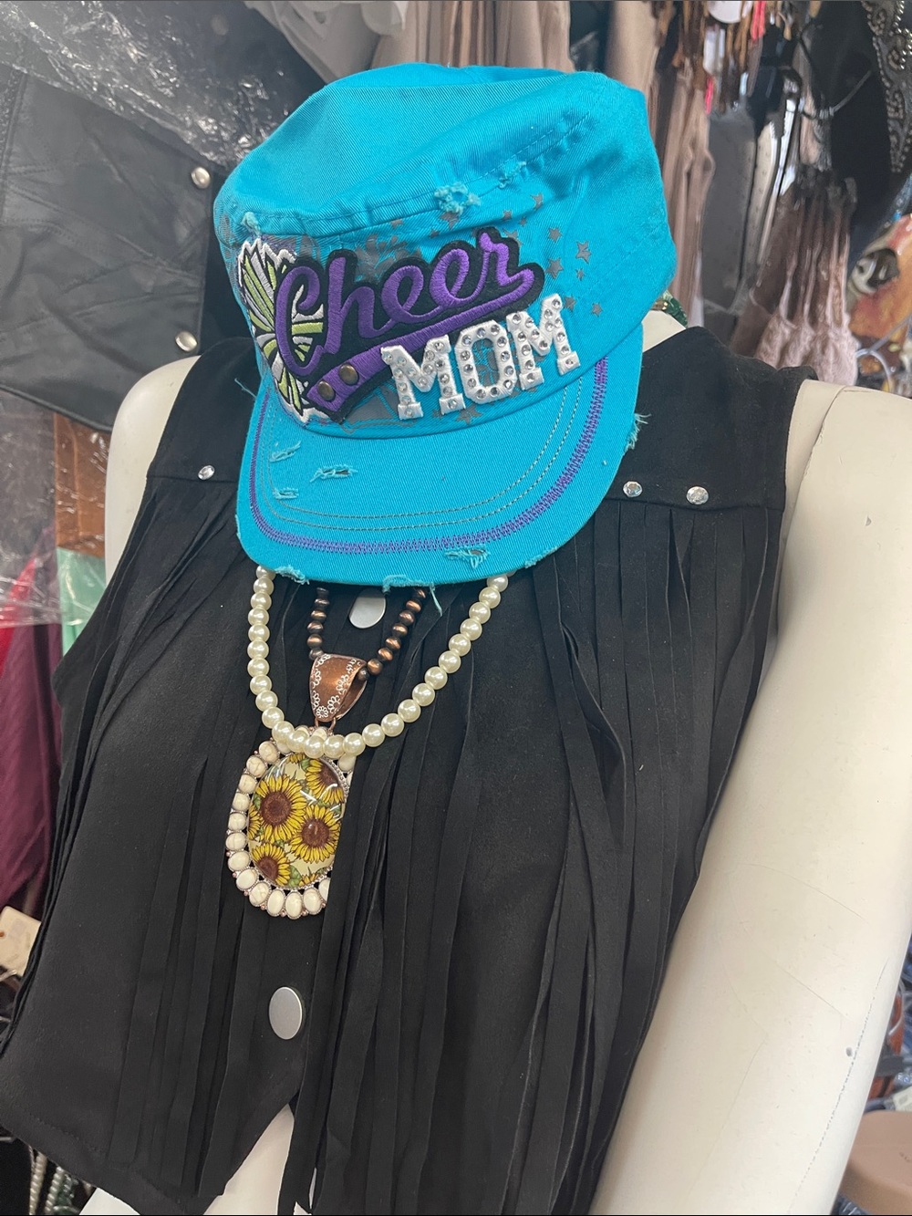 New Cheer MOM Embellished Turquoise Embellished Rhinestones Military-Style Cap